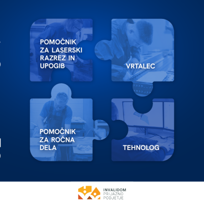 Promocijska slika podjetja SICO d.o.o. z logotipom 'Invalidom prijazno podjetje' in napisom 'ZAPOSLUJEMO'. Prikazuje zaposlene pri delu na delovnih mestih: tehnolog, vrtalec, pomočnik na ročnih delih ter pomočnik na laserskem razrezu.
