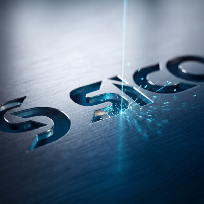 Close-up of Sico logo laser-cut into an industrial steel plate.