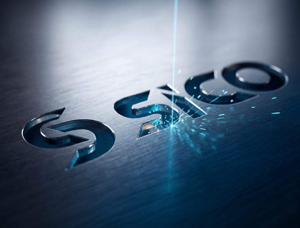 Nahaufnahme des Sico-Logos, das per Laserschnitt in eine industrielle Stahlplatte eingearbeitet wurde.